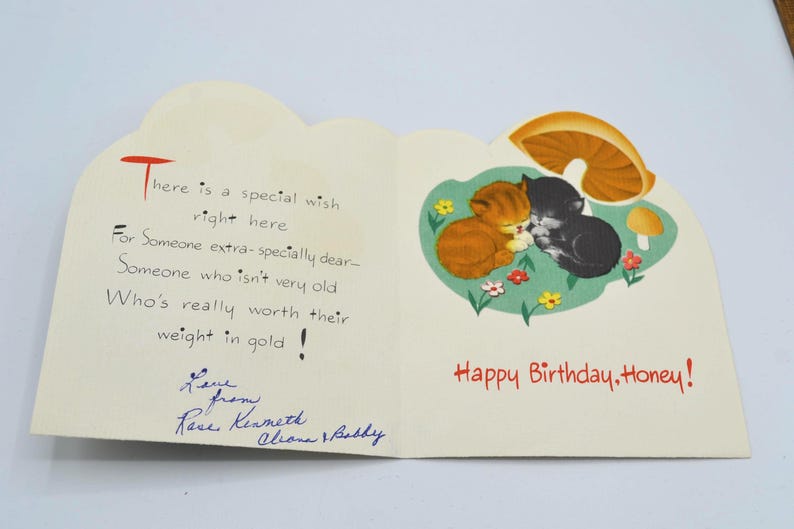 Puede incluir: Tarjeta de cumplea&ntilde;os vintage con fondo crema. El lado izquierdo tiene texto escrito a mano en tinta negra y azul. El lado derecho presenta una ilustraci&oacute;n de dibujos animados de dos gatitos y las palabras "Happy Birthday, Honey!" en rojo.