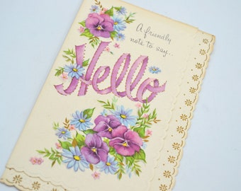 Vintage Greeting Card - Hello Thinking of You - Purple Pansy Flowers - Unused