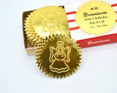40 Vintage Dennison Gummed Seals in Slide Box - Gold Notary Stars with Embossed Angels - Office Stationery Scrapbook