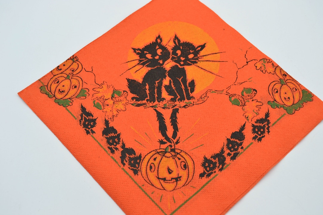 Vintage Halloween Paper Napkin - Jack O Lantern Pumpkins and Black ...