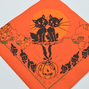 Vintage Halloween Paper Napkin - Jack O Lantern Pumpkins and Black Kitten Cats on Orange