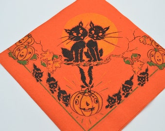 Vintage Halloween Paper Napkin - Jack O Lantern Pumpkins and Black Kitten Cats on Orange