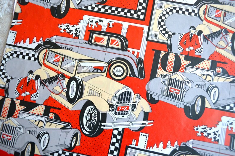 Vintage Wrapping Paper 1930s Gatsby Deco Luxury Cars Unused Full Sheet Plus Partials