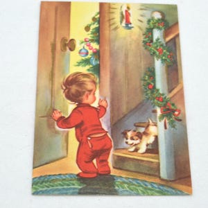 Vintage Christmas Card - Little Boy and Puppy Coming Down Stairs - Peeking in Door Looking for Santa - Unused