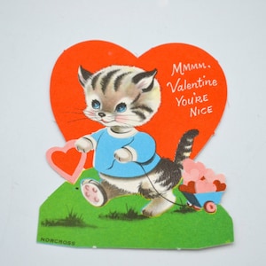 Vintage Valentine Card - Kitty Cat With Wagon of Hearts - Unused Norcross