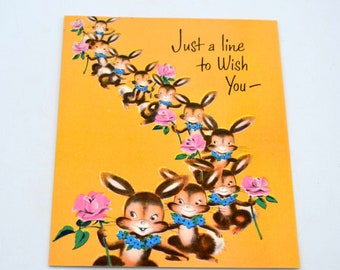 Vintage Birthday Card - A Line of Brown Bunny Rabbits and Pink Roses - Used Norcross