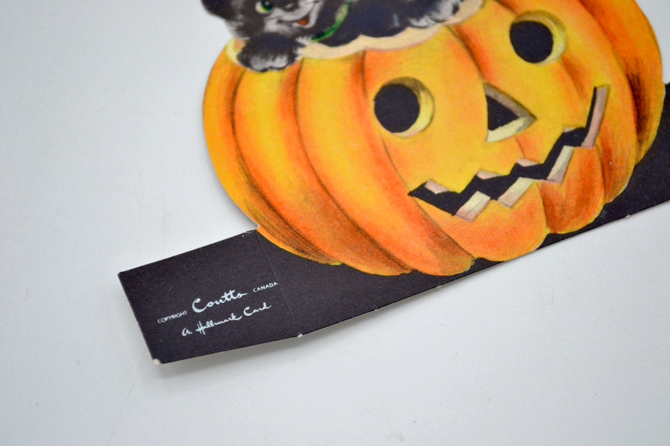 Vintage Halloween Place Card - Black Cat Kitten on JOL Pumpkin - Unused ...