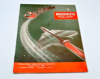 Vintage Machinists Monthly Journal Magazine - Santa Sleigh and Futuristic Aerospace Rocket Plane - Mid Century 1955