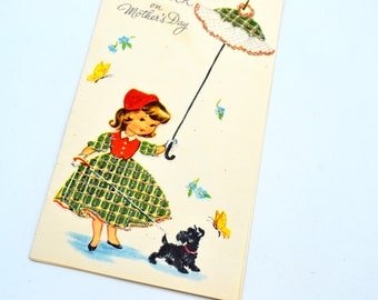 Vintage Mothers Day Card to Daughter - Girl With Tall Glitter Parasol and Scotty Dog - Used