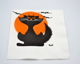 Vintage Halloween Paper Napkin - Mid Century Black Cat Full Moon