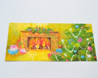 Vintage Christmas Card - Mod Decorated Living Room Tree Fireplace - Used American Greetings