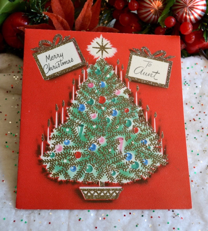 Vintage Christmas Card Sparkly Glitter Christmas Tree Etsy