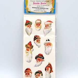 May include: A package of three sheets of antique replica Santa Seals. The sheet contains various Santa Claus face stickers with red hats and white beards. The package is labeled "Pressure Sensitive & Embossed".