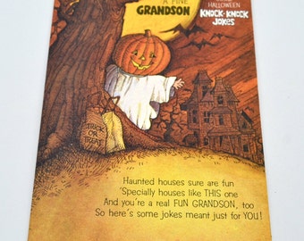 Vintage Halloween Greeting Card - Jol Ghost in Front of Haunted House - To Grandson Used