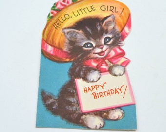 Vintage Birthday Card - Kitten in Big Hat to little Girl - Used Rust Craft