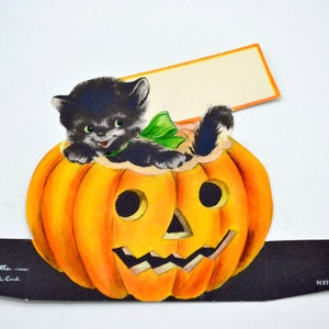 Vintage Halloween Place Card - Black Cat Kitten on JOL Pumpkin - Unused Die Cut