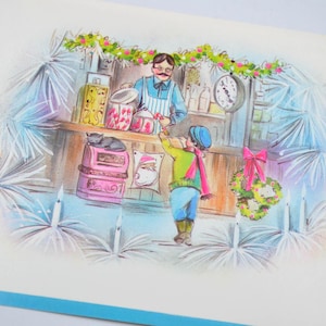 May include: A vintage illustration depicts a shop scene with a man serving a child. The shop is decorated with garlands and a clock. A cat rests on a pink box. The artwork has a soft, watercolor style with a festive holiday theme.