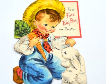 Vintage Easter Card - Boy Giving Carrot to Bunny Rabbit - Used to a Fine Boy - Double Sided Hallmark