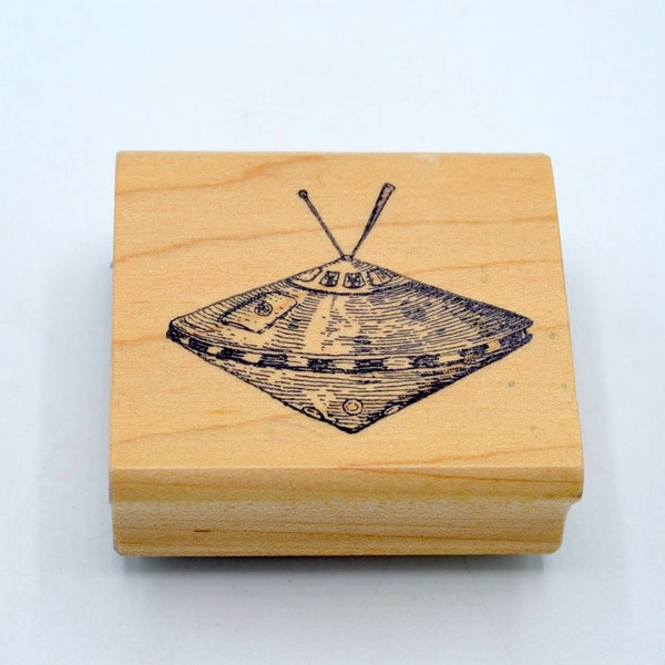 Vintage Wooden Rubber Stamp - Flying Saucer - Detailed 1980s