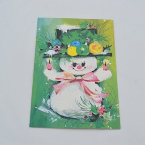 Vintage Christmas Card - Mod Pink Snowman on Green - Unused