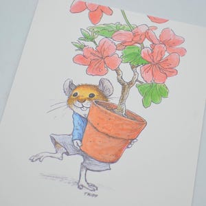 May include: A cartoon mouse wearing a blue shirt and gray shorts carries a potted plant with pink flowers. The plant is in a brown pot and the mouse is smiling.