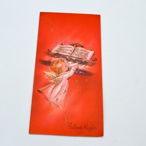 Vintage Christmas Card - Pink Glitter Angel Playing the Organ - Used Silent Night