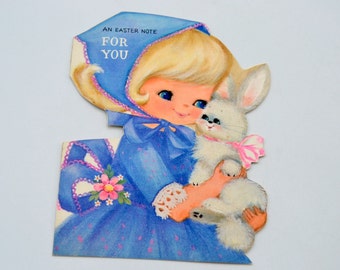Vintage Easter Card - Little Girl in Blue Dress and Scarf with Flocked Bunny - Used Hallmark