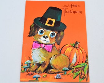 Vintage Thanksgiving Card - Mod Pilgrim Puppy Dog - Unused