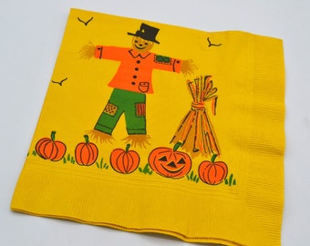 Vintage Halloween Paper Napkin - Scarecrow In Pumpkin Patch Hay Stack - Luncheon sized