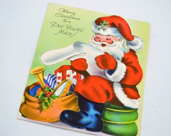 Vintage Christmas Card - Santa Reading List Toy Bag - To a Fine Young Man - Unused