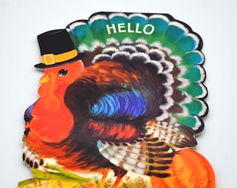 Vintage Thanksgiving Greeting Card - Colorful Turkey Hello - Double Sided Design - Hallmark