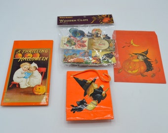 Vintage Halloween Treat Bags and Thanksgiving Wooden Clips - Lot of 1980's Autumn Decorations
