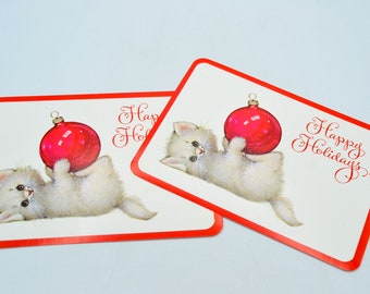 2 Vintage Christmas Postcards - White Kitten with Red Ornament - 1980's Drawing Board