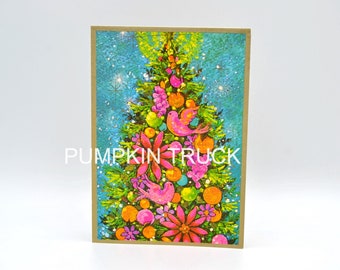 Vintage Christmas Card - Mod Pink Turquoise Bird Tree - Unused