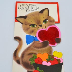 Vintage Valentine Card - Mod Cat with Flocked Heart and Basket of Strawberries - Used to Young Lady