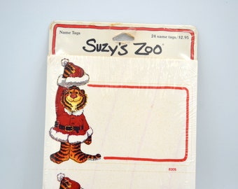 Vintage Sticker Name Gift Tags - Suzy's Zoo Christmas Tiger in Santa Suit - 24 New in Package - 1980's