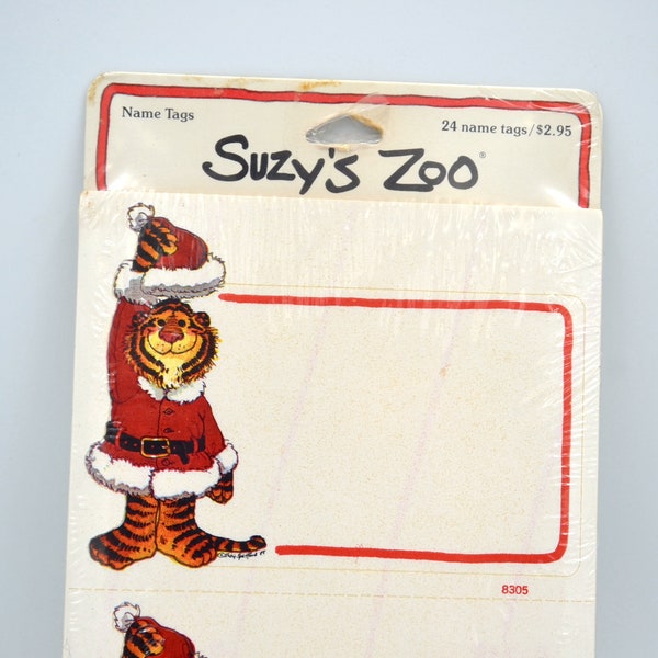 Vintage Sticker Name Gift Tags - Suzy's Zoo Christmas Tiger in Santa Suit - 24 New in Package - 1980's