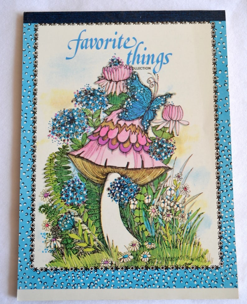 Vintage Writing Paper Stationery Mod Pink Mushroom Butterfly on Lavender 40 Sheets
