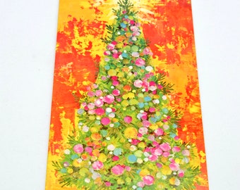 Vintage Christmas Card - Tree with Pink Green Turquoise Ornaments - Unused Mid Century Orange Yellow