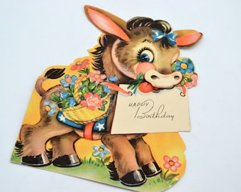 Vintage Birthday Card - Little Donkey with Basket of Flowers - Used Glitter