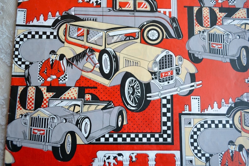 Vintage Wrapping Paper 1930s Gatsby Deco Luxury Cars Unused Full Sheet Plus Partials