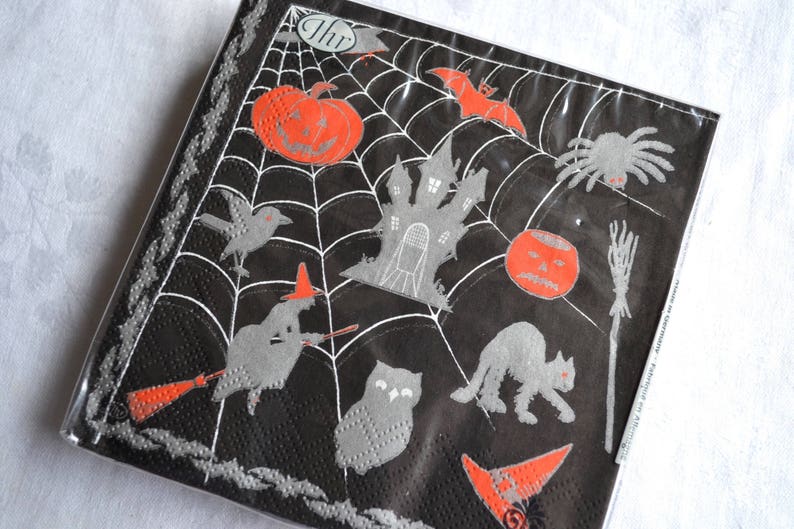 Halloween Paper Napkins Witch Owl JOL Black Cat Spider Devil Sealed Package of 20 image 1