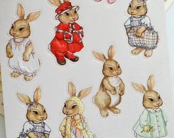 Vintage Stickers - Easter Bunny Rabbits Wearing Clothes - Merrimack 1986 - Full Sheet of 14