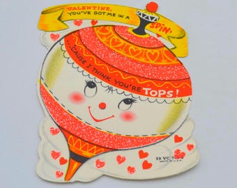 Tarjeta de San Valentín vintage - Trompo de juguete giratorio con purpurina naranja - Antropomórfico usado