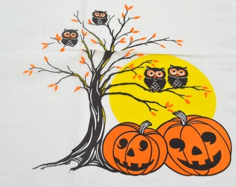 Vintage Halloween Paper Napkin - Black Owls in Autumn Tree Full Moon JOL