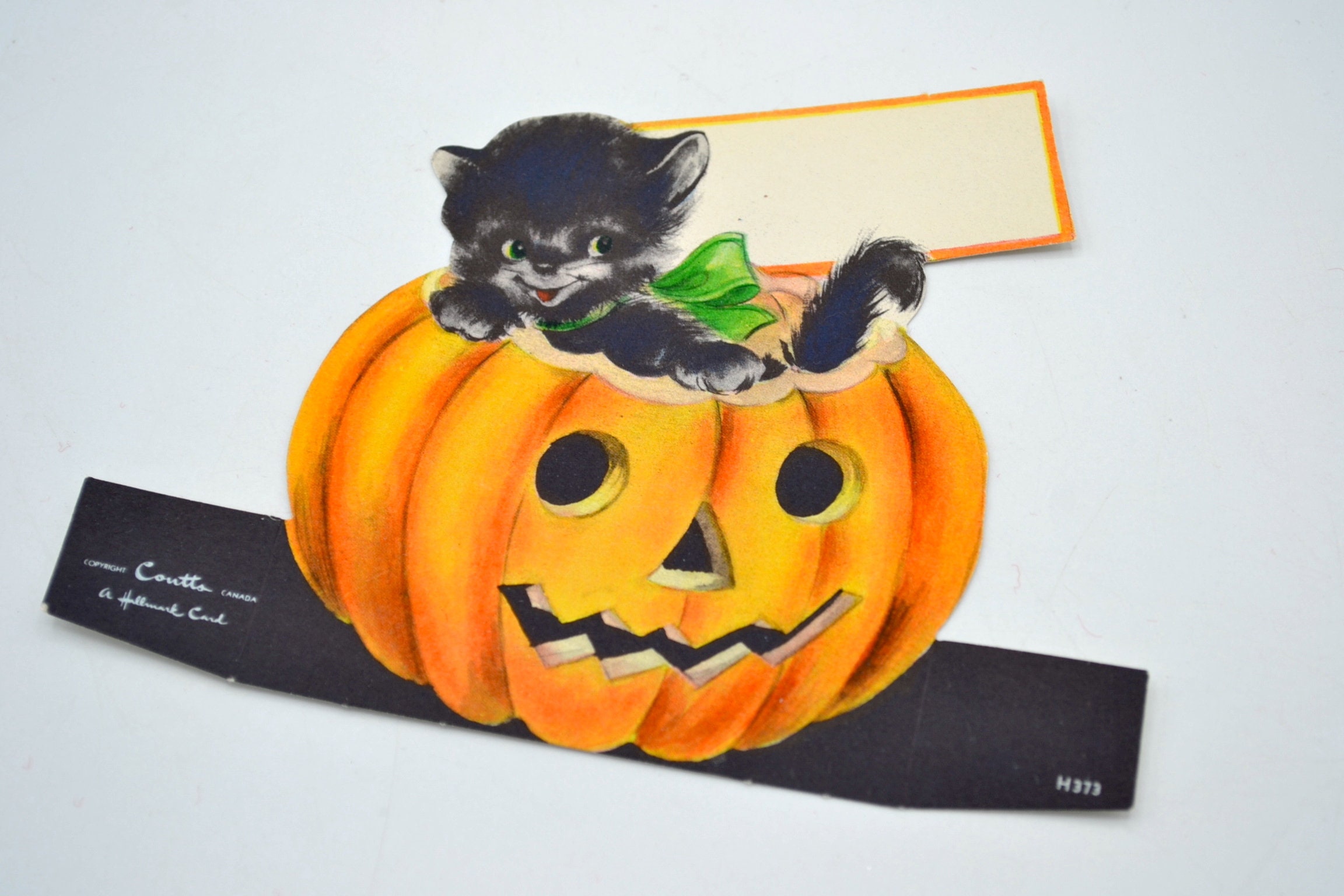 Vintage Halloween Place Card - Black Cat Kitten on JOL Pumpkin - Unused ...