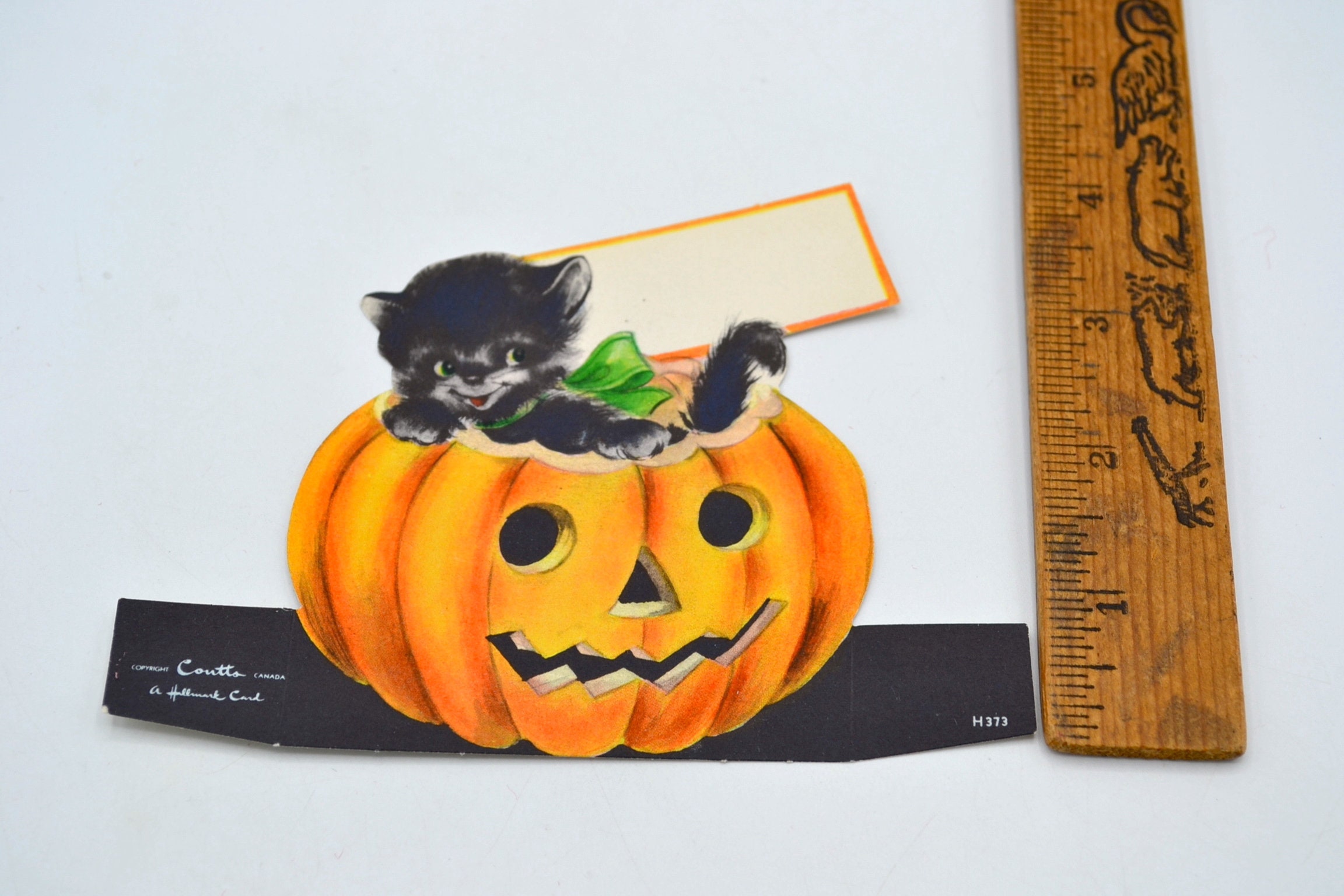 Vintage Halloween Place Card - Black Cat Kitten on JOL Pumpkin - Unused ...