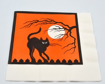 Vintage Halloween Paper Napkin - Black Cat on Fence Full Moon Spooky Tree - Luncheon Sized