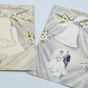2 Vintage Wedding Cards - Mid Century White Glitter Bells Bride and Groom Lily of the Valley - Used Norcross