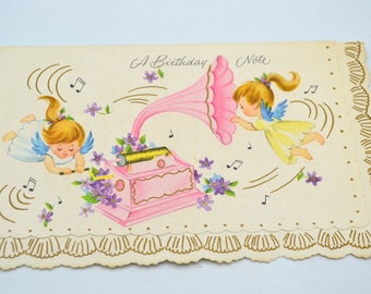 Vintage Birthday Card - Angels Listening to Old Fashioned Music Player Machine - Unused